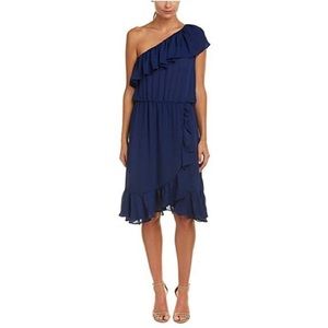 Parker Beverly Navy Blue One Shoulder Ruffle Dress XS